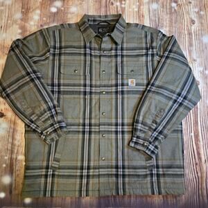 Carhartt Sherpa Lined Flannel Shirt Jacket Mens 2XL Green Plaid Heavyweight